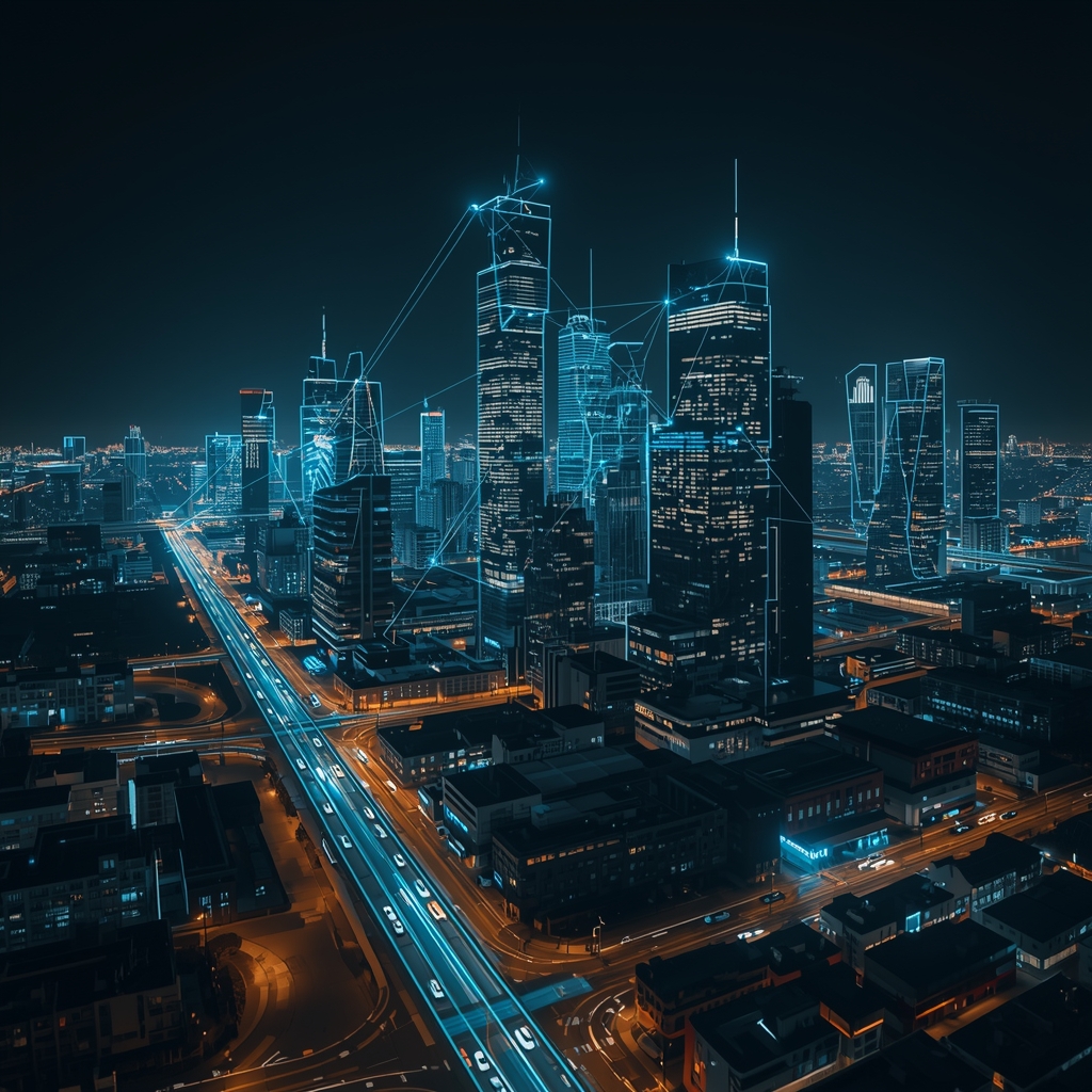 Futuristic smart city skyline at night with glowing digital network connections overlaid on modern skyscrapers, autonomous vehicles on illuminated streets, blue cyan neon lights, cinematic aerial view, no people
